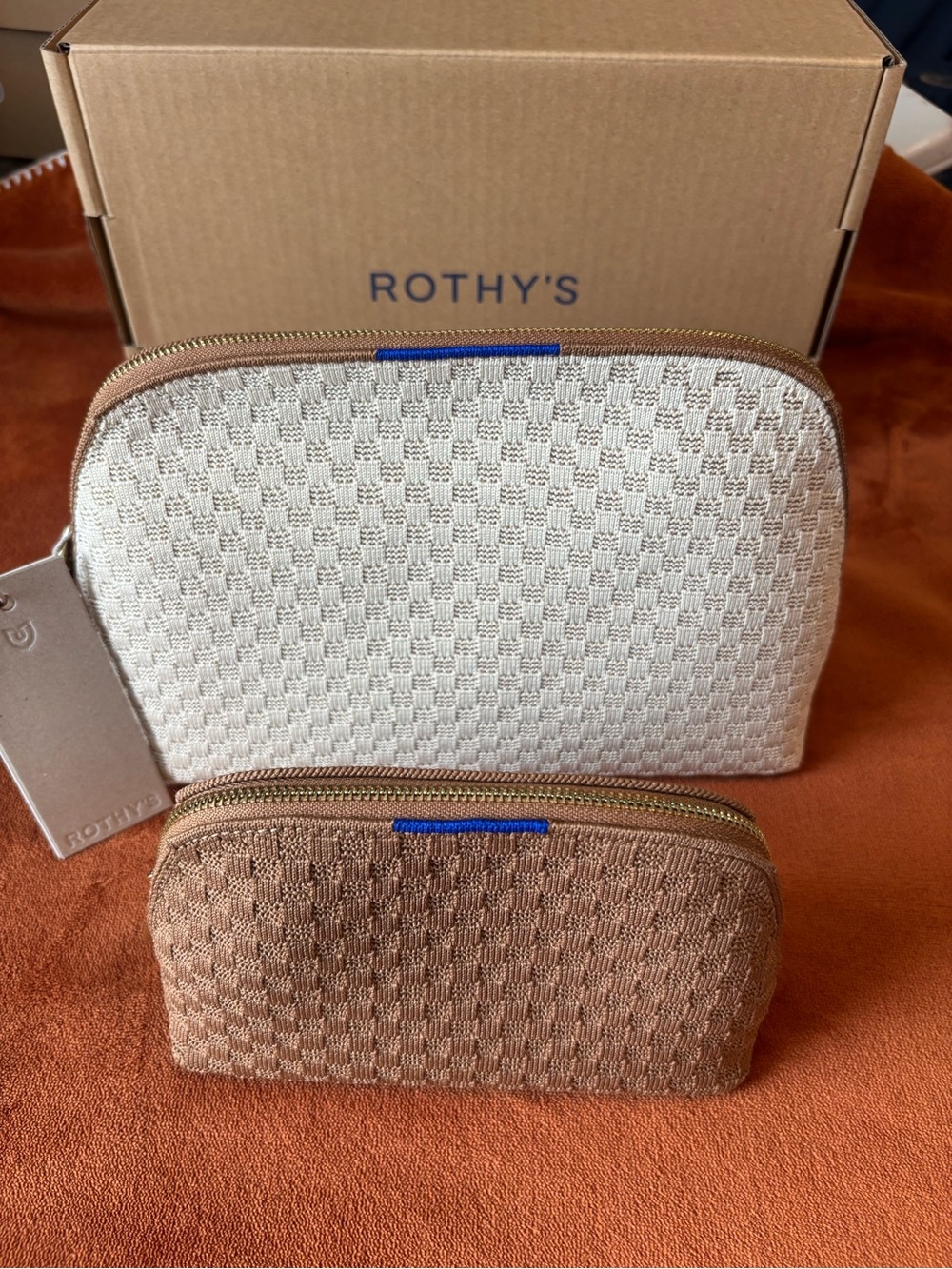 Rothy's Cream and Brown Woven Toiletry Pouch Duo Vanilla Wafer